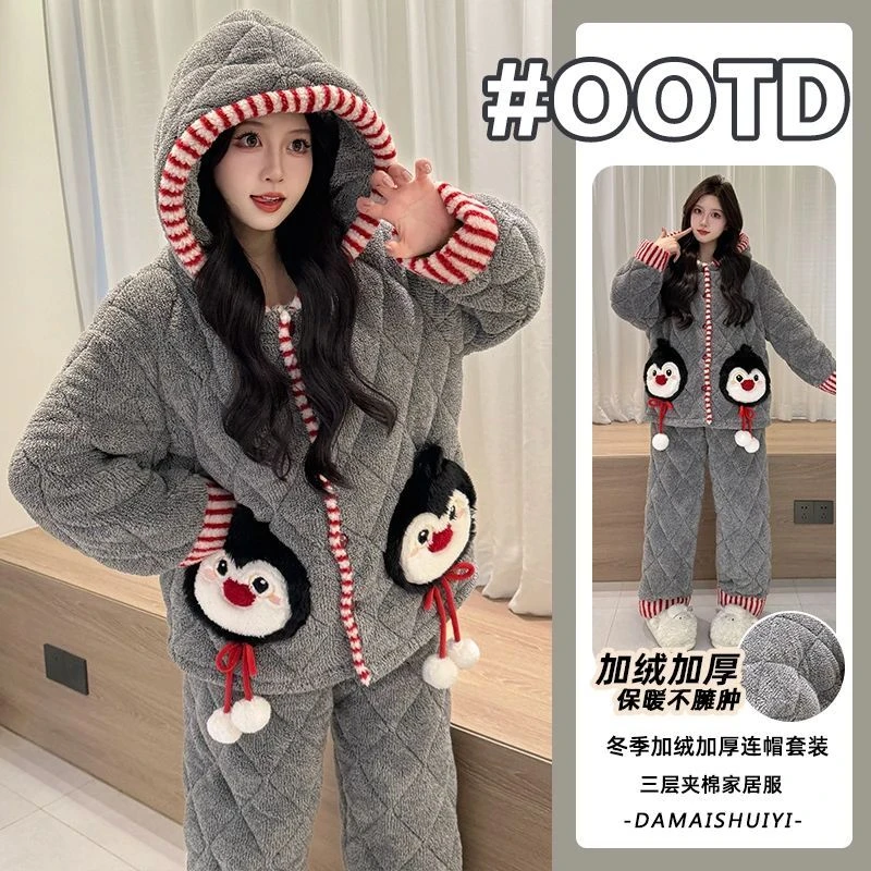 2025冬季新款睡衣女长毛绒连帽珊瑚绒三层夹棉加绒加厚家居服外穿