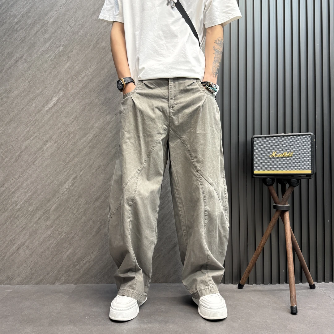宽松直筒弯刀工装裤美式直筒阔腿牛仔裤裤子男士休闲裤九分薄款