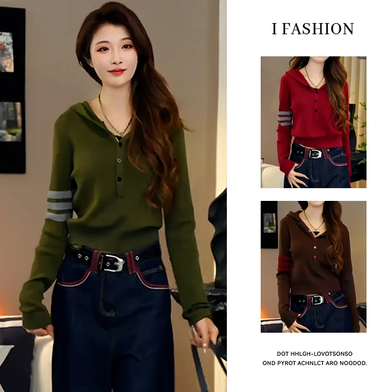 小个子减龄休闲针织衫女2026年春秋新款慵懒宽松显瘦连帽长袖上衣