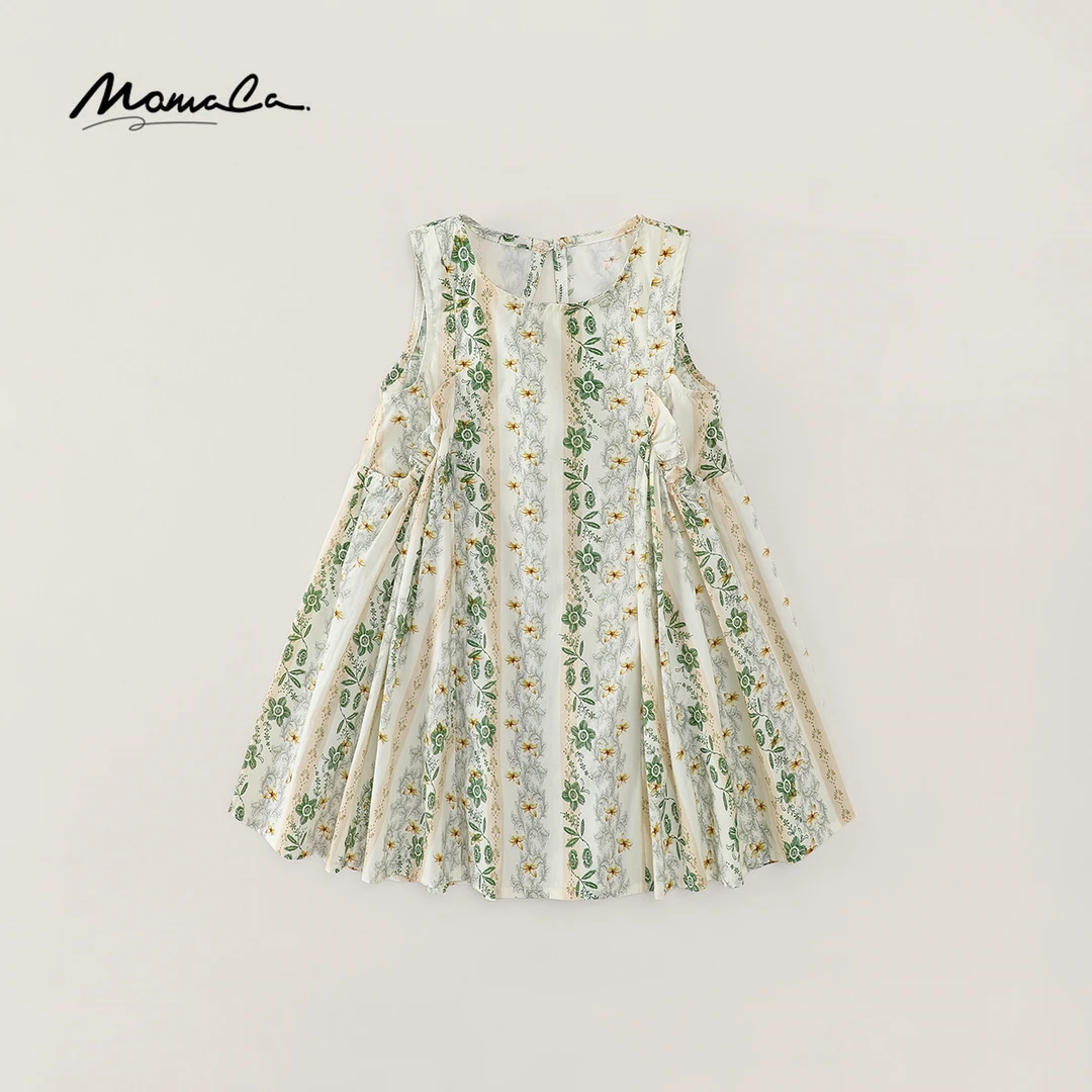 MOMOCO女童2025新款夏季韩版纯棉无袖洋气绿色碎花裙77630476122