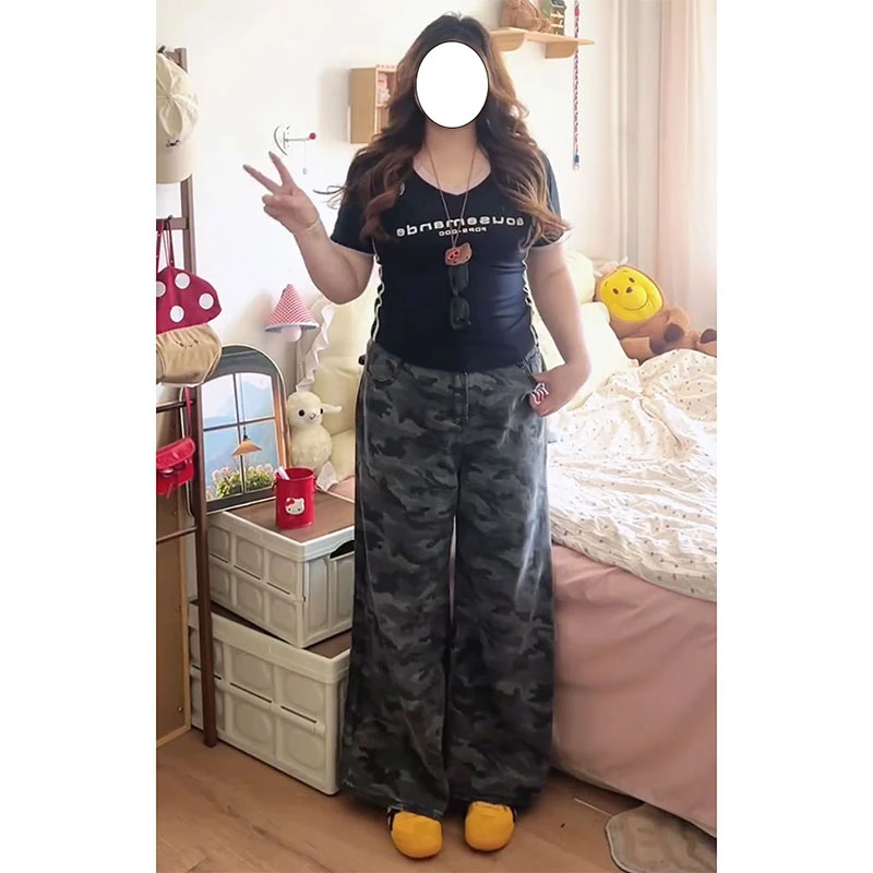 美式高街迷彩工装牛仔裤女夏季新款特大码胖mm遮肉显瘦阔腿拖地裤