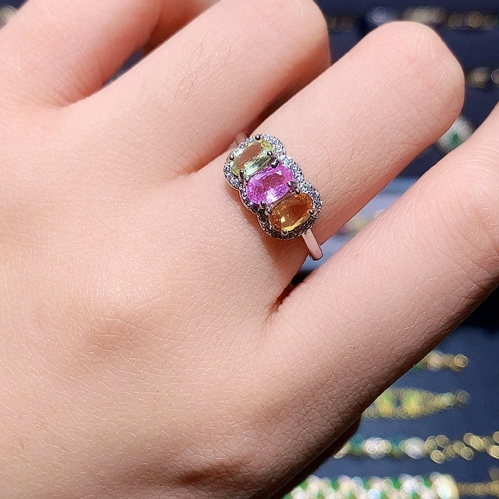 彩色蓝宝石戒指银S925镶嵌