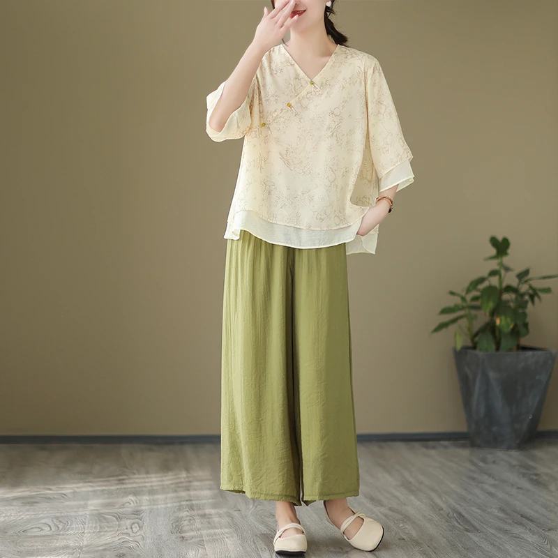 2025新款民国风套装茶服复古新中式改良汉服旗袍上衣夏中国风套装