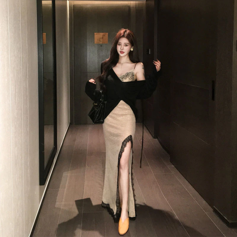 夏季新款纯欲风新中式防晒刺绣吊带羊毛针织背心蕾丝拼接半裙套装