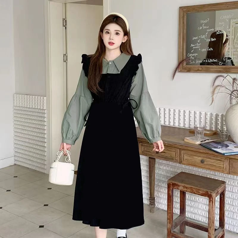 （80-200斤）大码微胖mm复古学院风假两件长袖连衣裙春季a字裙1392