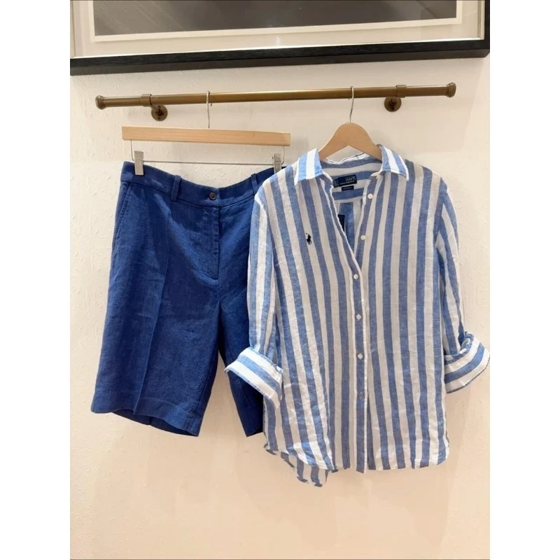 2025新款航海通勤穿搭法式女麻百搭上衣蓝色条纹短袖衬衫女士夏季