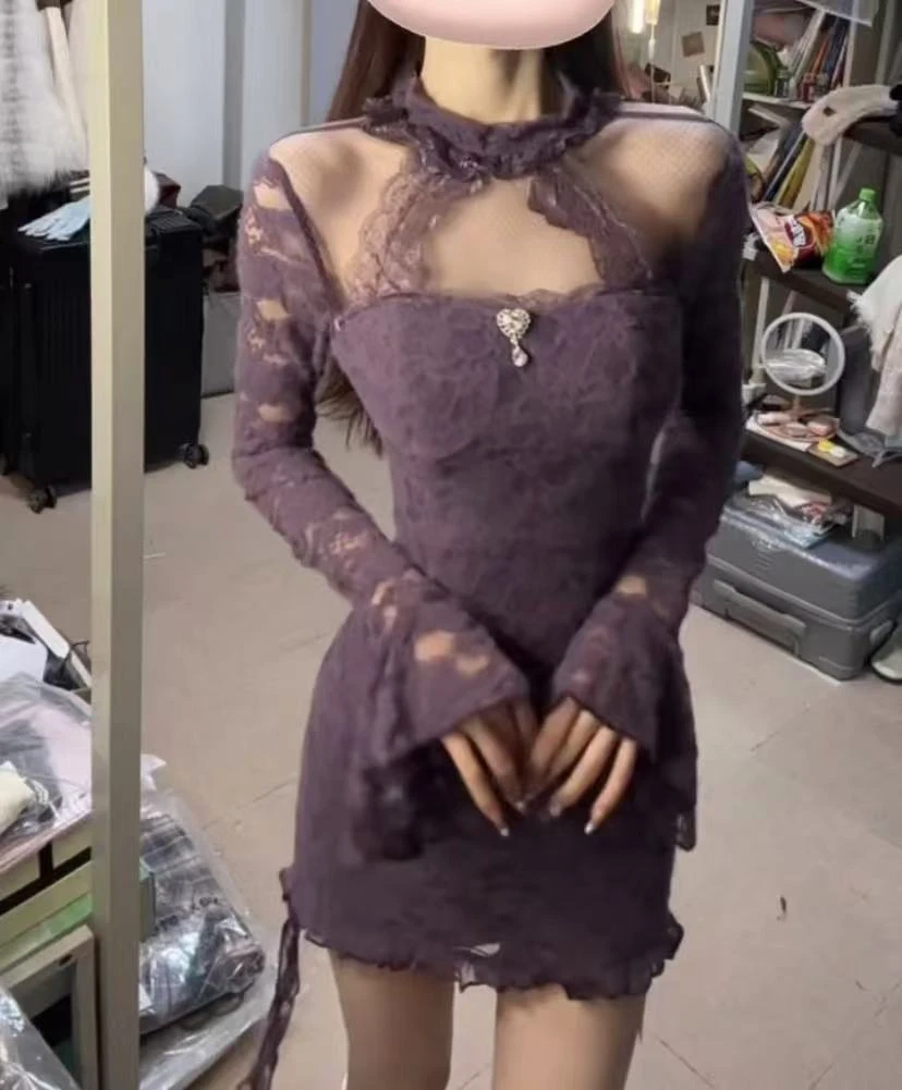 【薄荷雪糕】紫色纯欲风性感镂空挂脖连衣裙女秋季修身蕾丝包臀裙子
