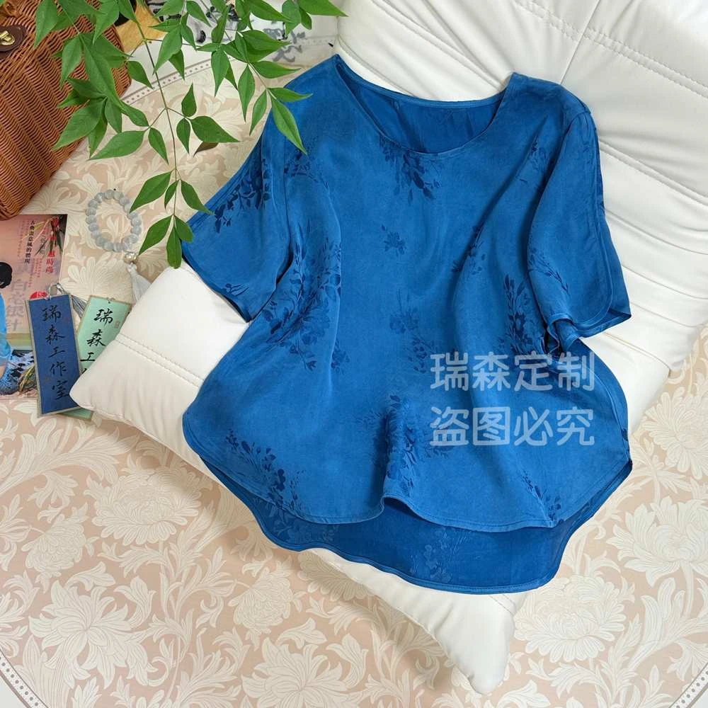 762 蓝色霜感大王缎简约短袖T恤上衣国风新中式-胸围102-前58后62