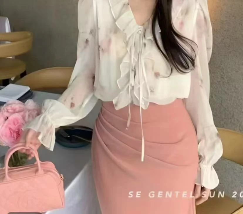 花瓣袖显瘦春季成人衬衫长袖针织背带秋季法式气质