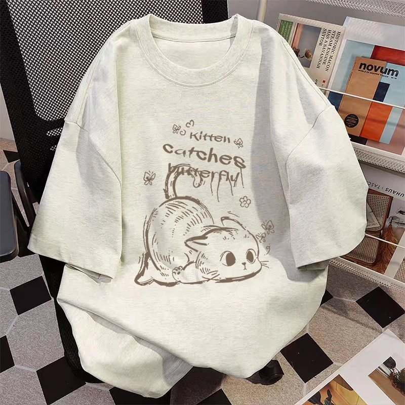 慵懒猫咪白灰色短袖t恤女2025夏季新款设计感小众纯棉体恤上衣潮