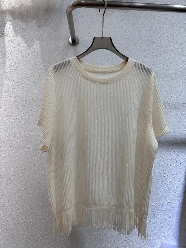 镂空流苏短袖夏季微弹宽松T恤舒适女士百搭透气