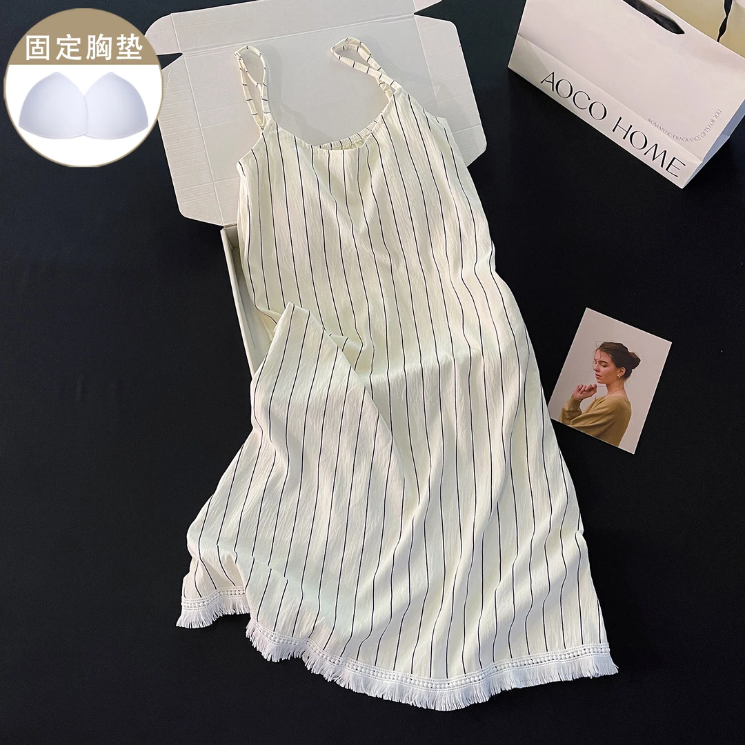 简约风夏季睡衣女新款宽松带胸垫清新条纹睡裙吊带性感纯欲家居服