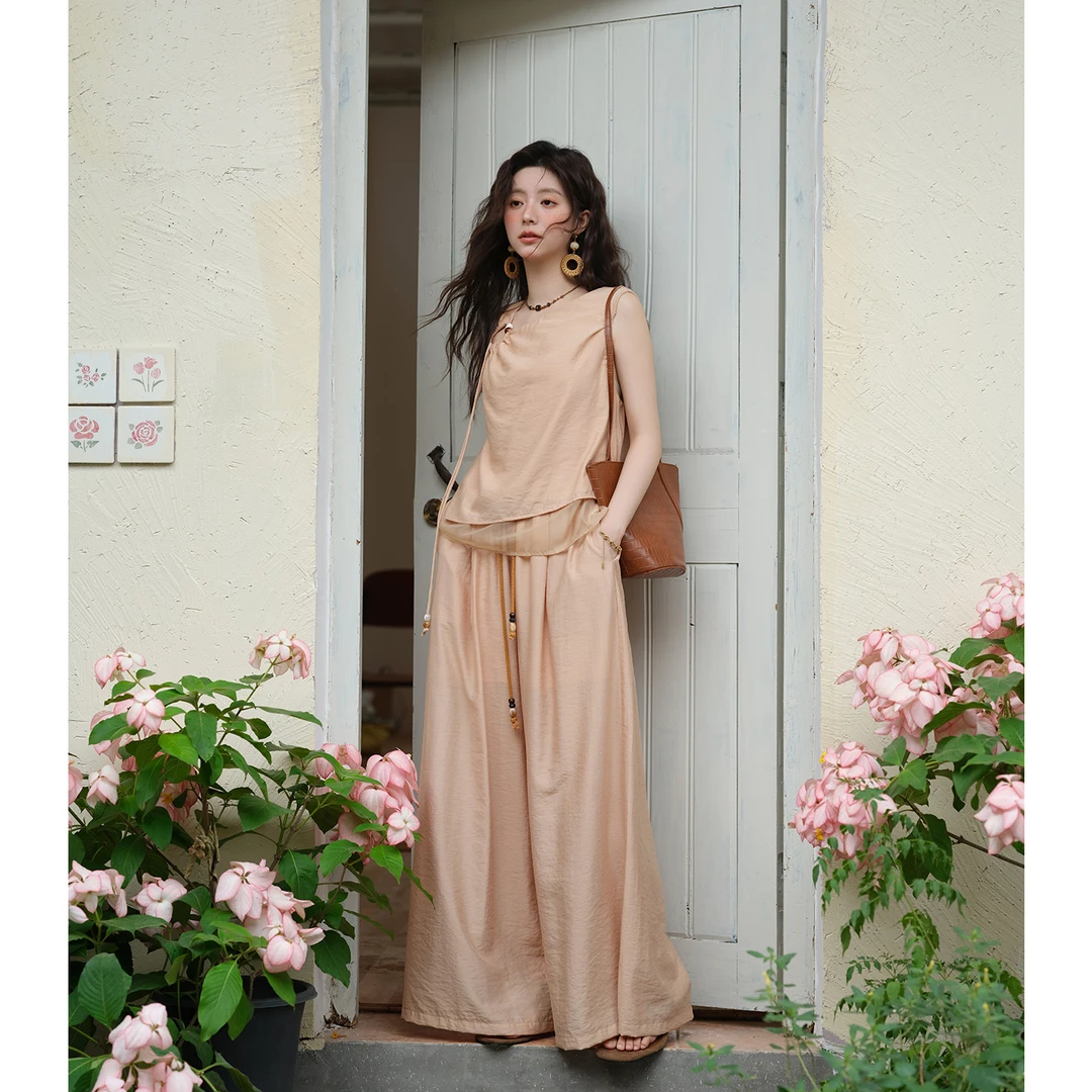 谜秀【橘色系】新中式国风衬衫裤子小个子两件套装女复古气质优雅夏