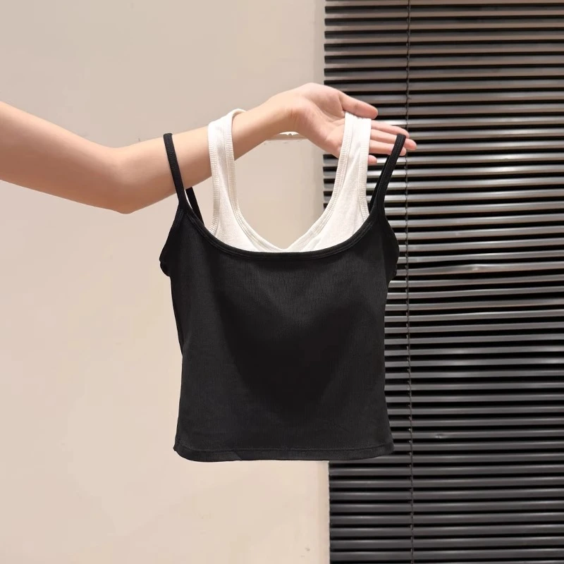 黑白撞色假两件挂脖吊带背心女夏新款甜辣妹外穿设计修身显瘦上衣