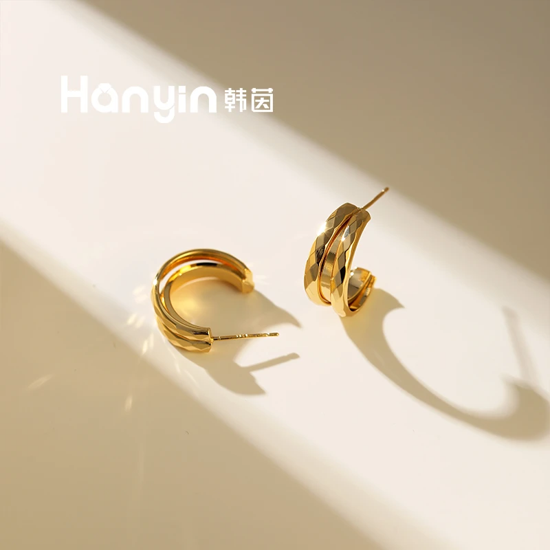 铜合金耳饰 925银针多层菱格耳钉耳饰通勤简约百搭