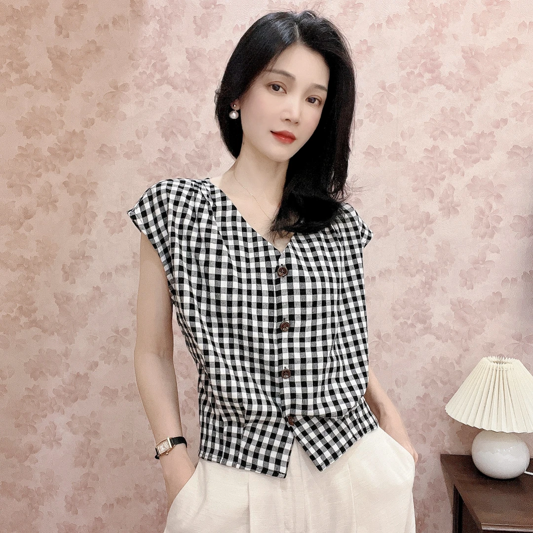 格子薄款夏季宽松型无袖衬衫时尚衬衣洋气