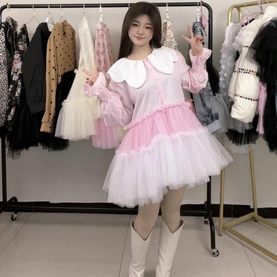 设计师款春夏网纱拼接连衣裙女款洋气重工蓬蓬裙漂亮别致小衫