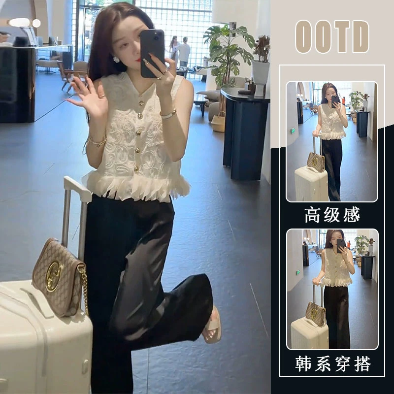 今年流行时尚套装女夏季新中式提花亮片无袖马甲上衣阔腿裤两件套