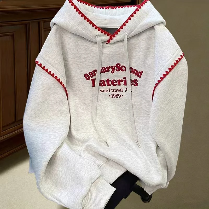 特大码300斤复古美式风格灰色刺绣连帽加绒卫衣男女宽松情侣上衣