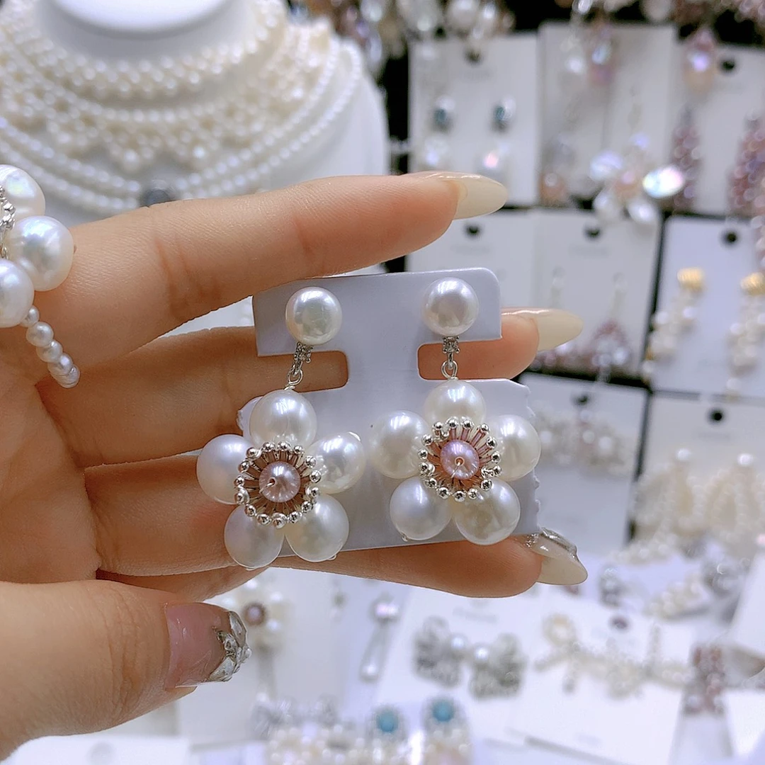 银S925镶嵌耳饰淡水珍珠山*