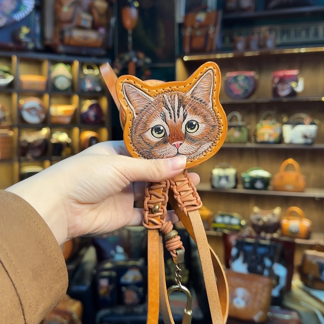 七***阁牦牛剖层皮革奶猫肩带
