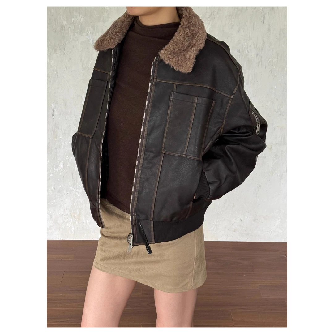 VintageTang美式复古擦色PU皮衣外套女羊羔毛短款棉服夹克發叁