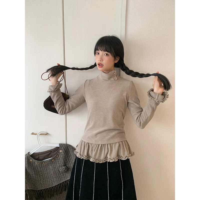 霍里德地图"枯木凜春"半高领修身内搭上衣女秋冬木耳边长袖打底衫