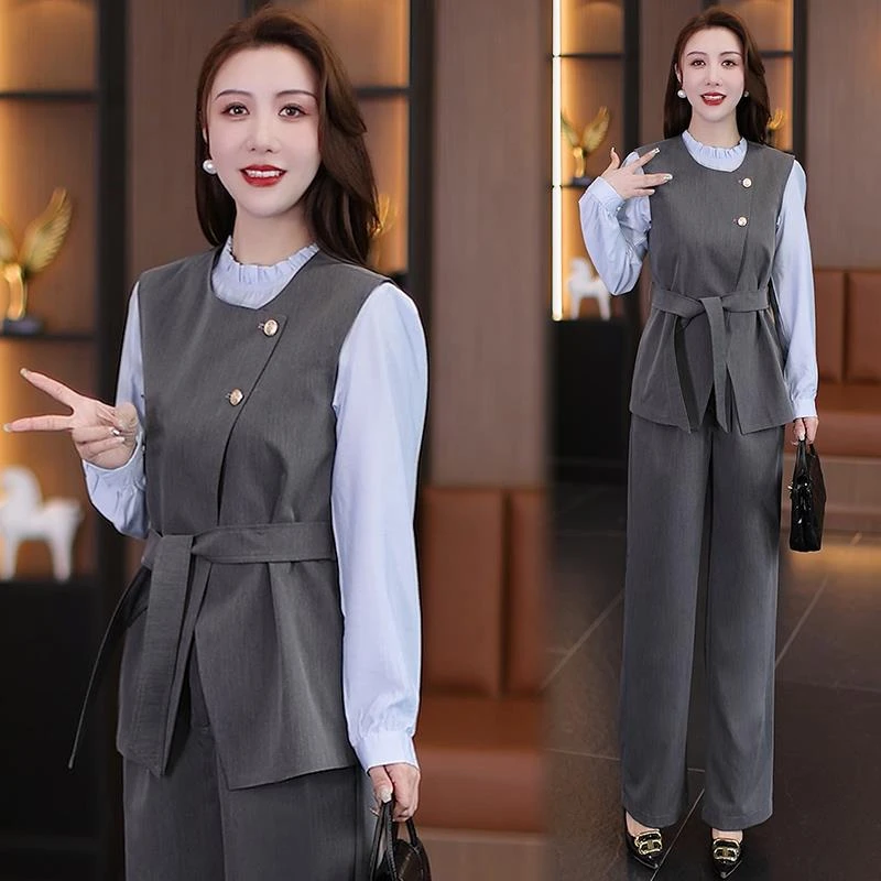 时尚时尚套装女2025春季新款时髦洋气马甲法式打底衫阔腿裤气质三