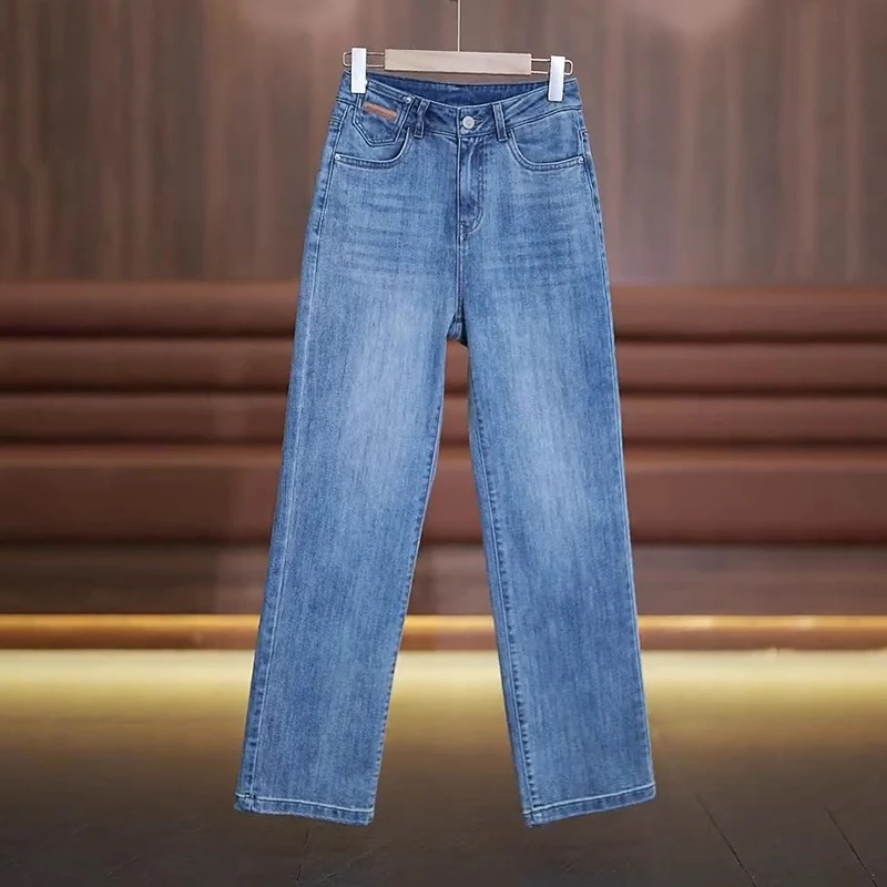 窄版牛仔直筒裤女2025年夏高腰字母刺绣显瘦宽松阔腿裤百搭休闲裤