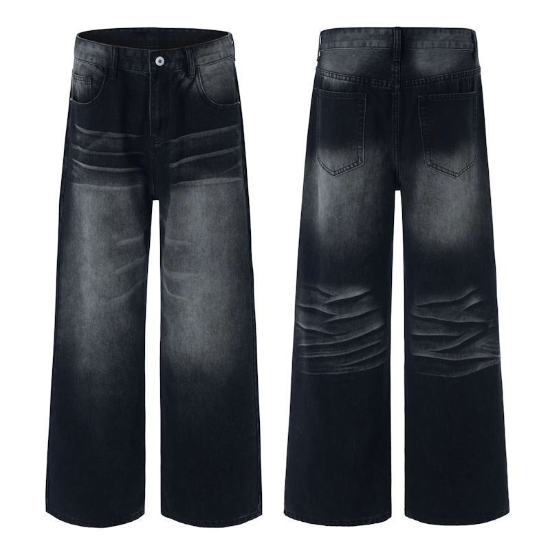 美式复古水洗直筒黑色牛仔裤男女款宽松cleanfit休闲阔腿拖地裤子