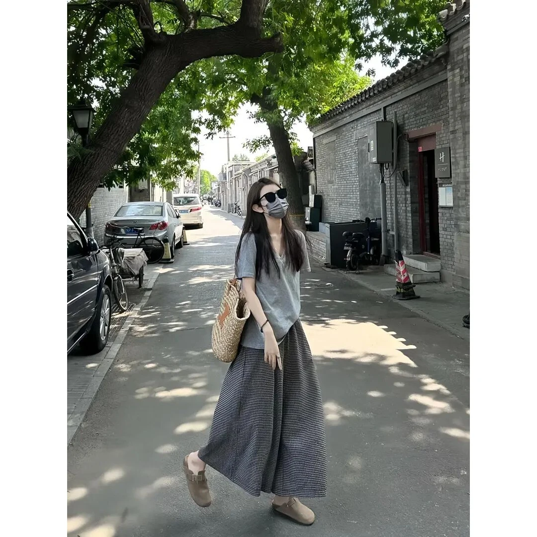 夏季休闲衣服女慵懒风宽松短袖T恤上衣高腰格纹阔腿裤裙套装裙子