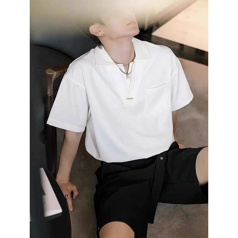 轻熟风v领假两件设计短袖polo衫轻奢痞帅男装衬衫式休闲半袖领带