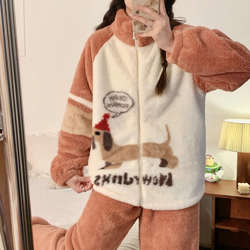 睡衣女冬季新款少女长袖毛绒卡通宽松加绒加厚甜美保暖家居服套装