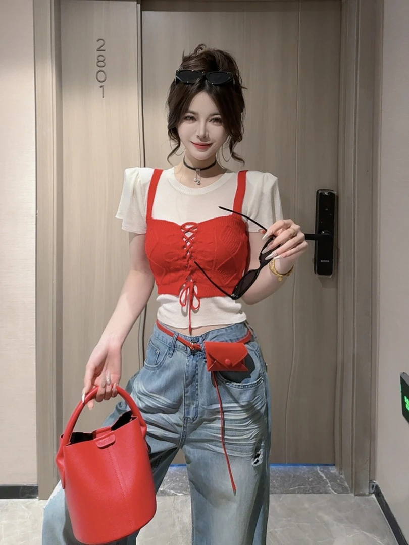 【CCDZ】夏季新品时尚设计感百搭莱塞尔天丝撞色两件套上衣女