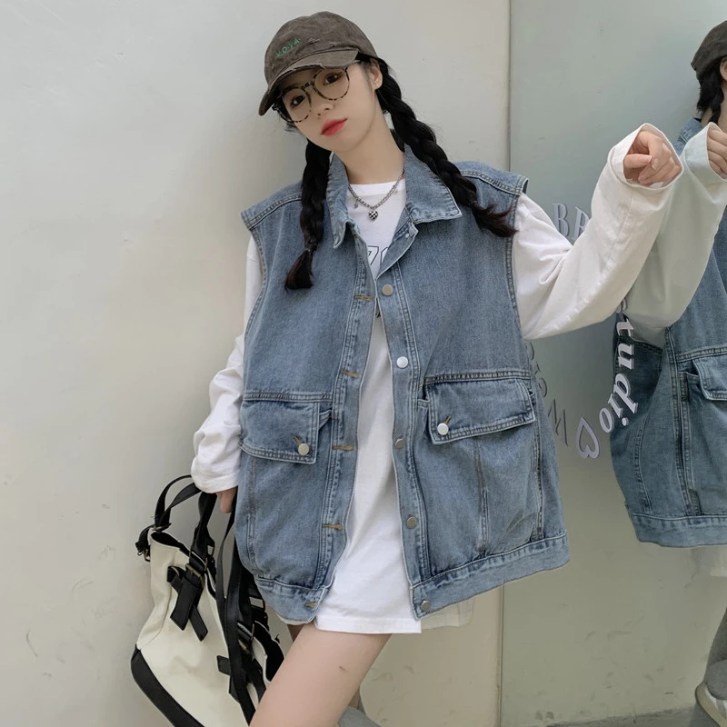 韩版时尚百搭宽松无袖牛仔马甲上衣ins外套女春秋百搭外套