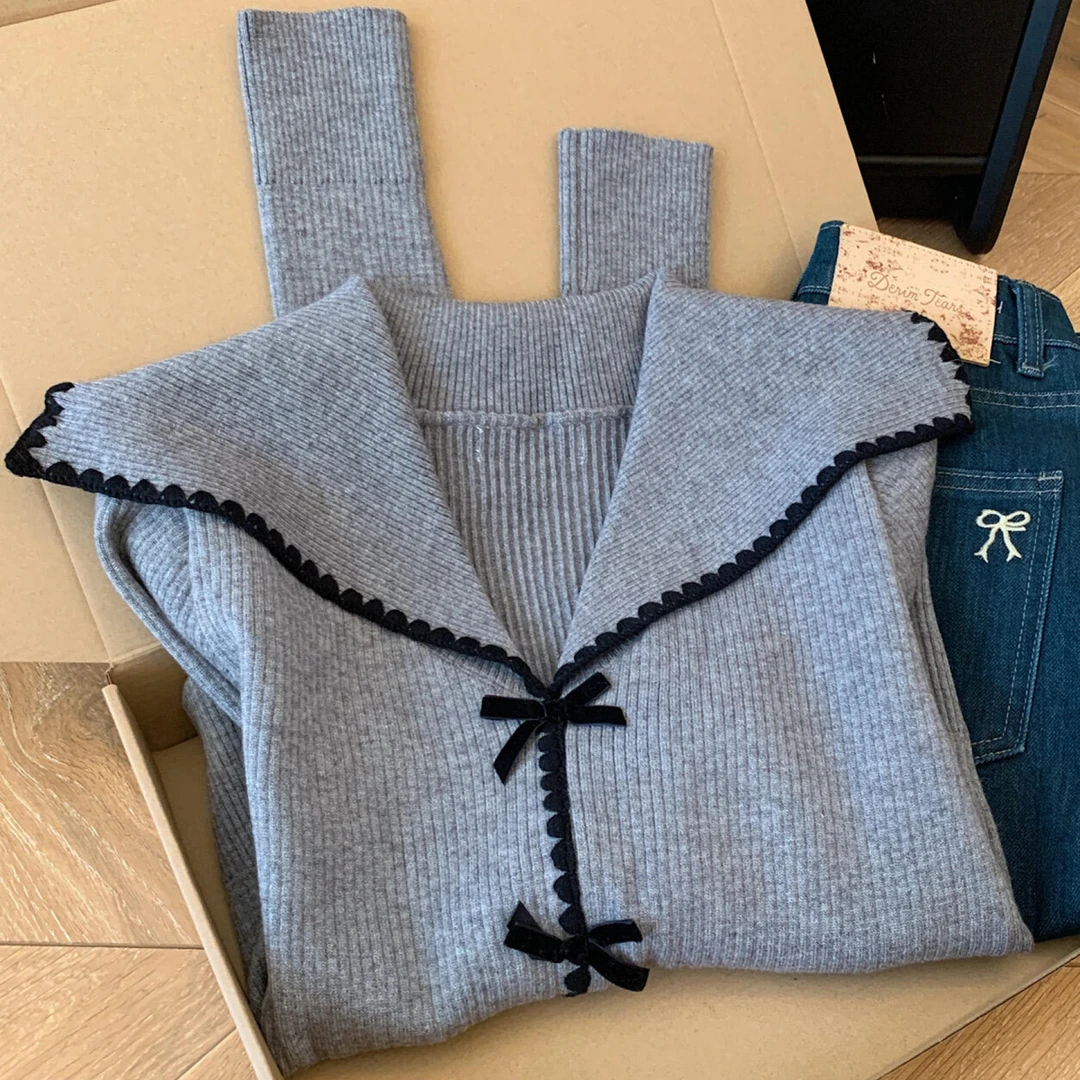 学院风甜美减龄海军领毛衣女2025秋季蝴蝶结设计撞色针织开衫上衣