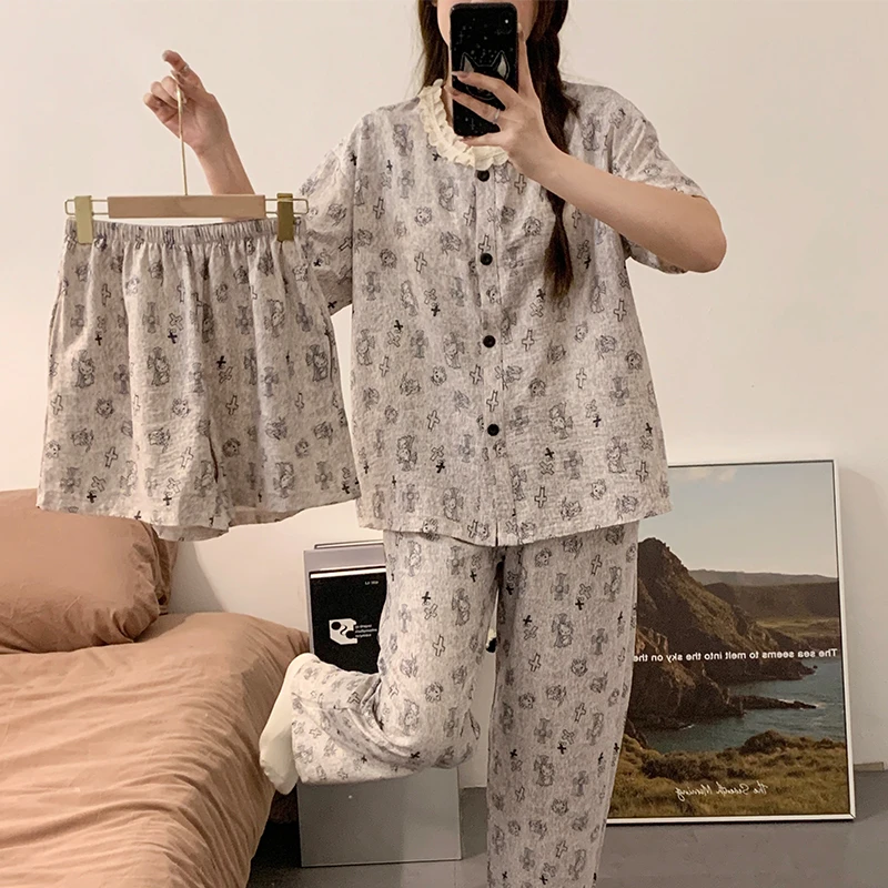 Hellokitty睡衣女夏季三件套装薄款云朵棉短袖长裤可爱家居服夏天