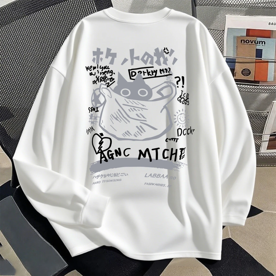 纯棉长袖圆领T恤印花情侣装国潮百搭休闲韩版大码男士复古ins上衣