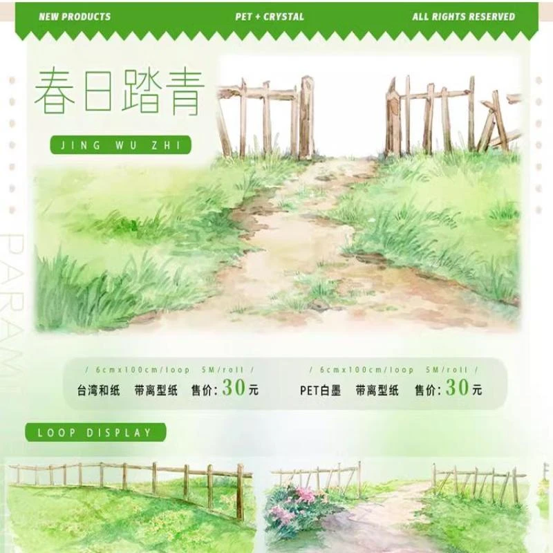 满18包邮景物志春日踏青PET分装特材拼贴贝壳光流麻手帐胶带装饰