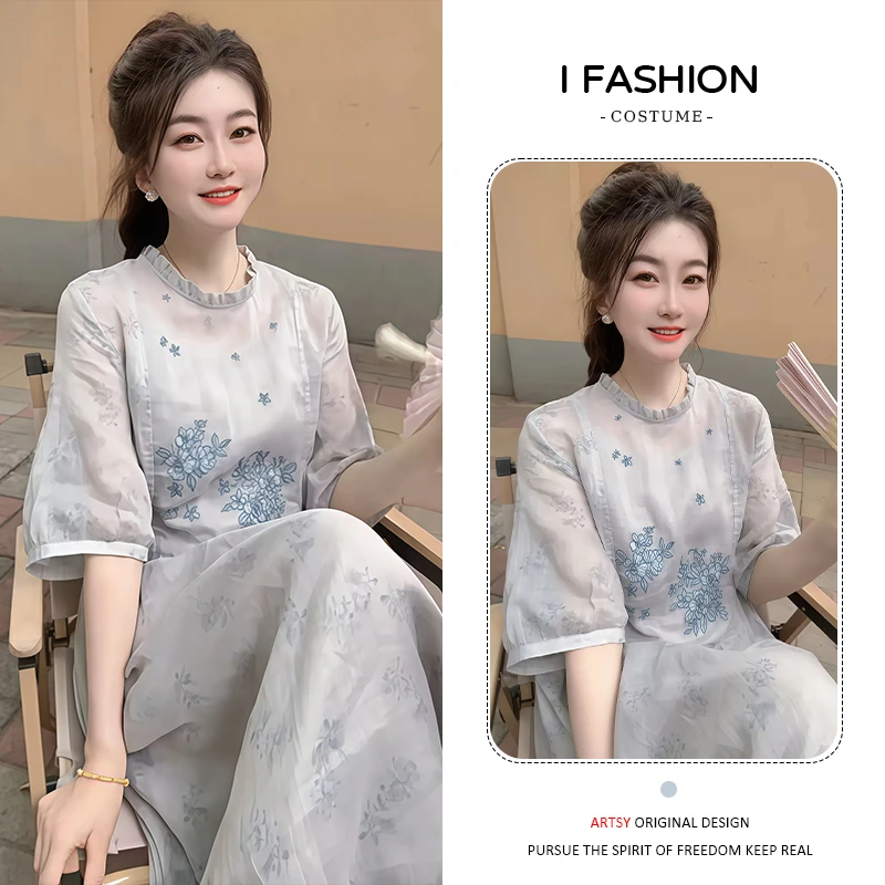 时尚气质连衣裙女士2025年夏季新款欧货休闲减龄遮肉短袖圆领裙子