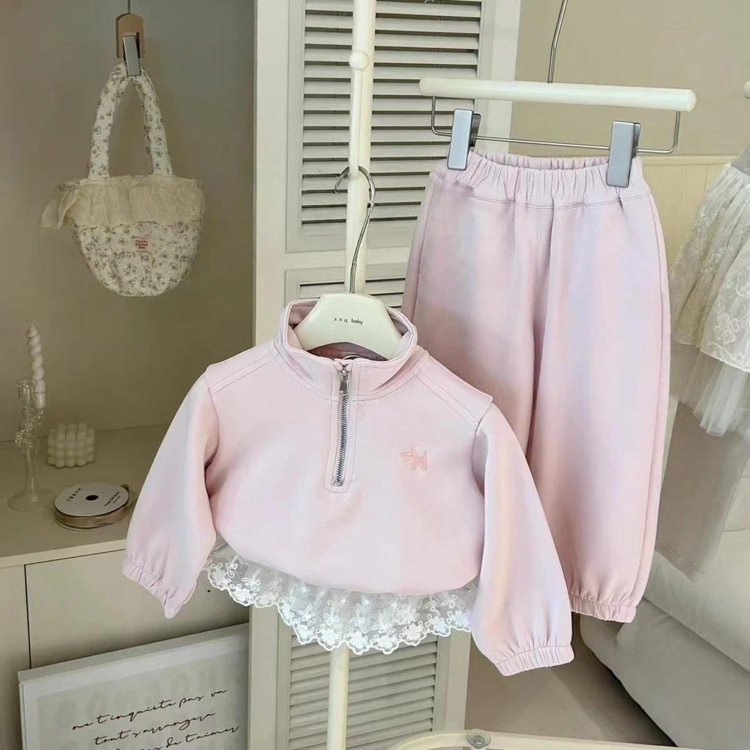 52141女童秋季蕾丝花边套装2025新款儿童休闲卫衣洋气秋装两件套