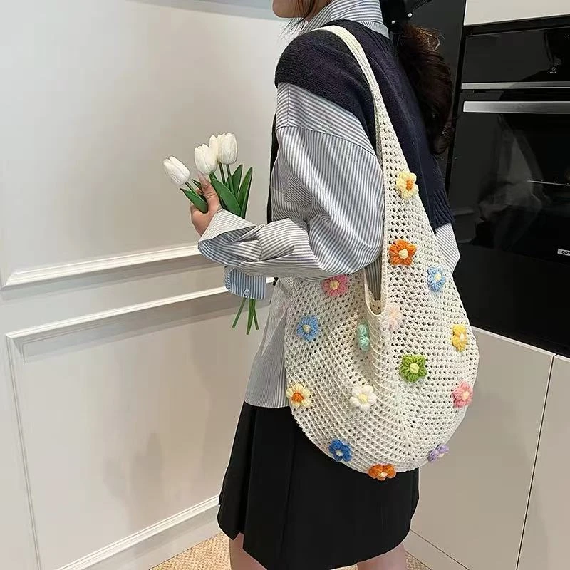 夏天夏季甜美沙滩花朵针织包包女2025新款慵懒风大容量单肩手机包