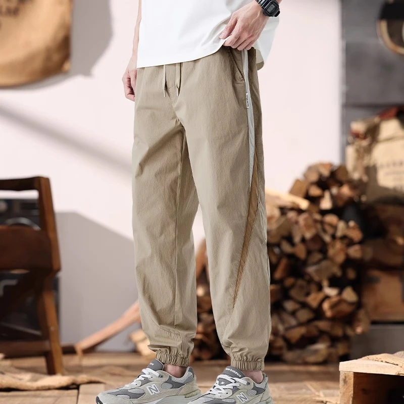 美式复古春夏季休闲裤男2025新款潮牌拼色运动裤宽松束脚工装裤子