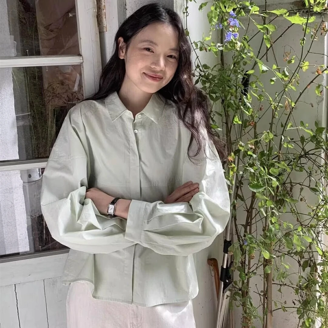 Miluroom高品质衬衫女春季新品宽松百搭单排扣长袖纯棉POLO领衬衣