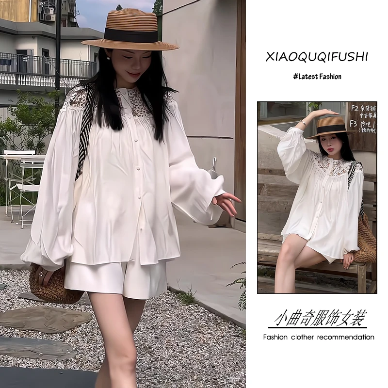 夏季2025新款一整套女韩系温柔风蕾丝拼接宽松衬衫休闲短裤两件套