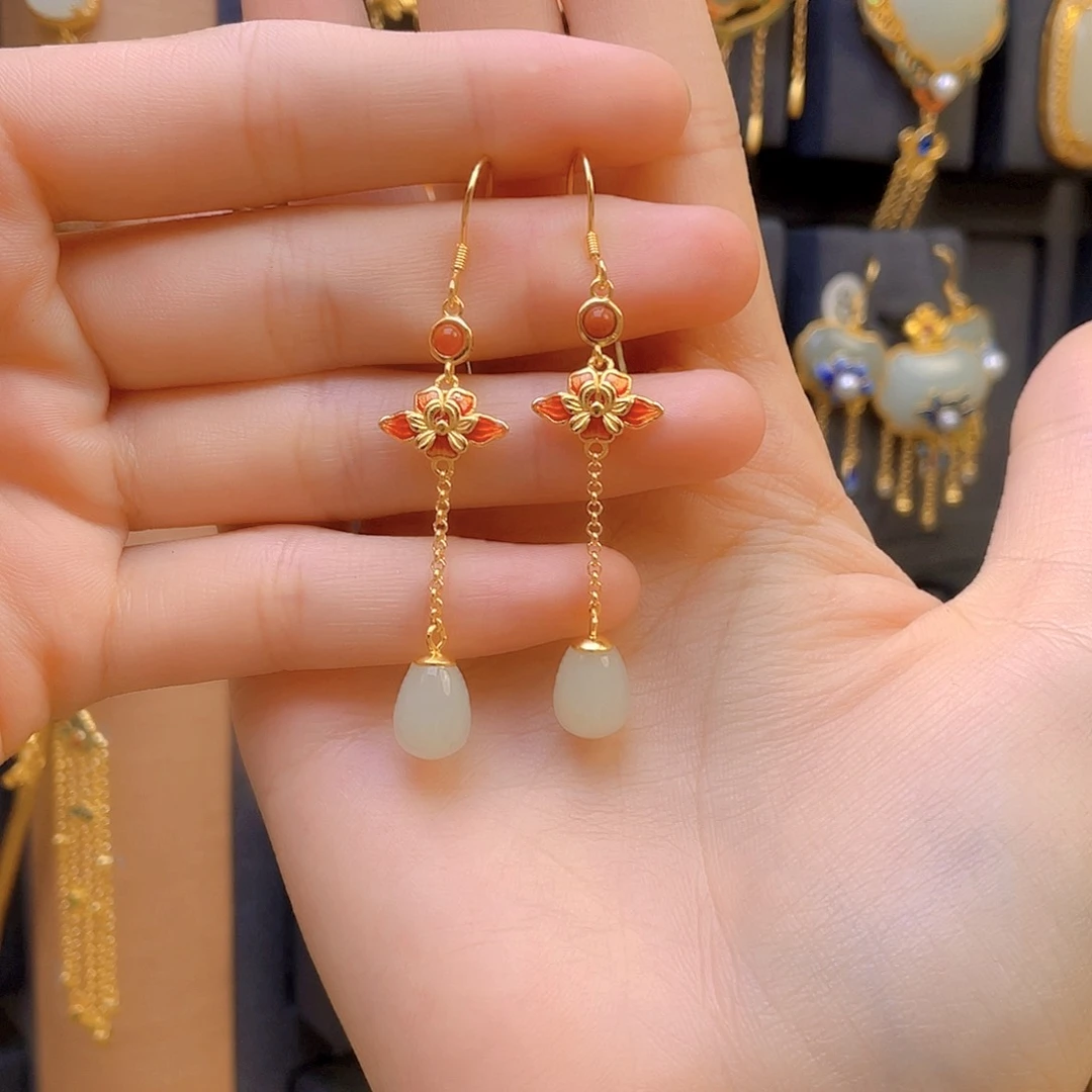 和田玉耳饰银S925镀金镶嵌