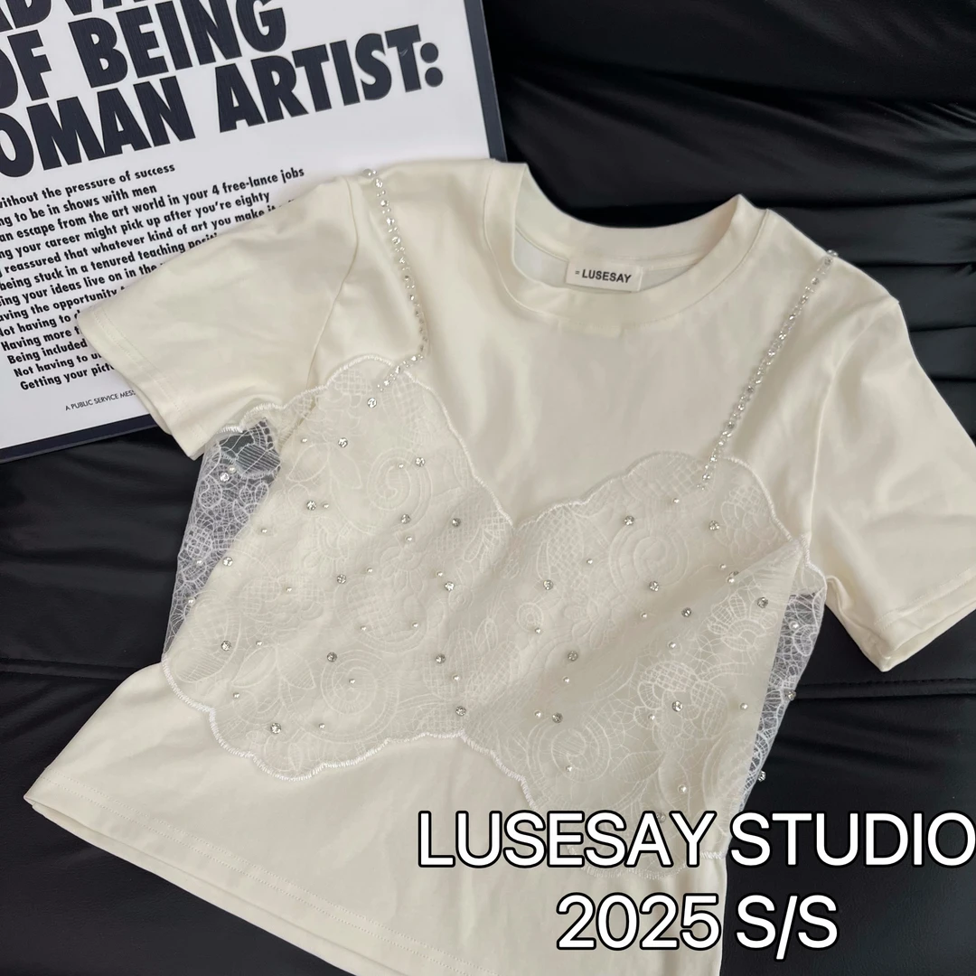 LUSESAY 两件套蕾丝珠珠 2025夏季新款短袖T恤女百搭显瘦上衣女