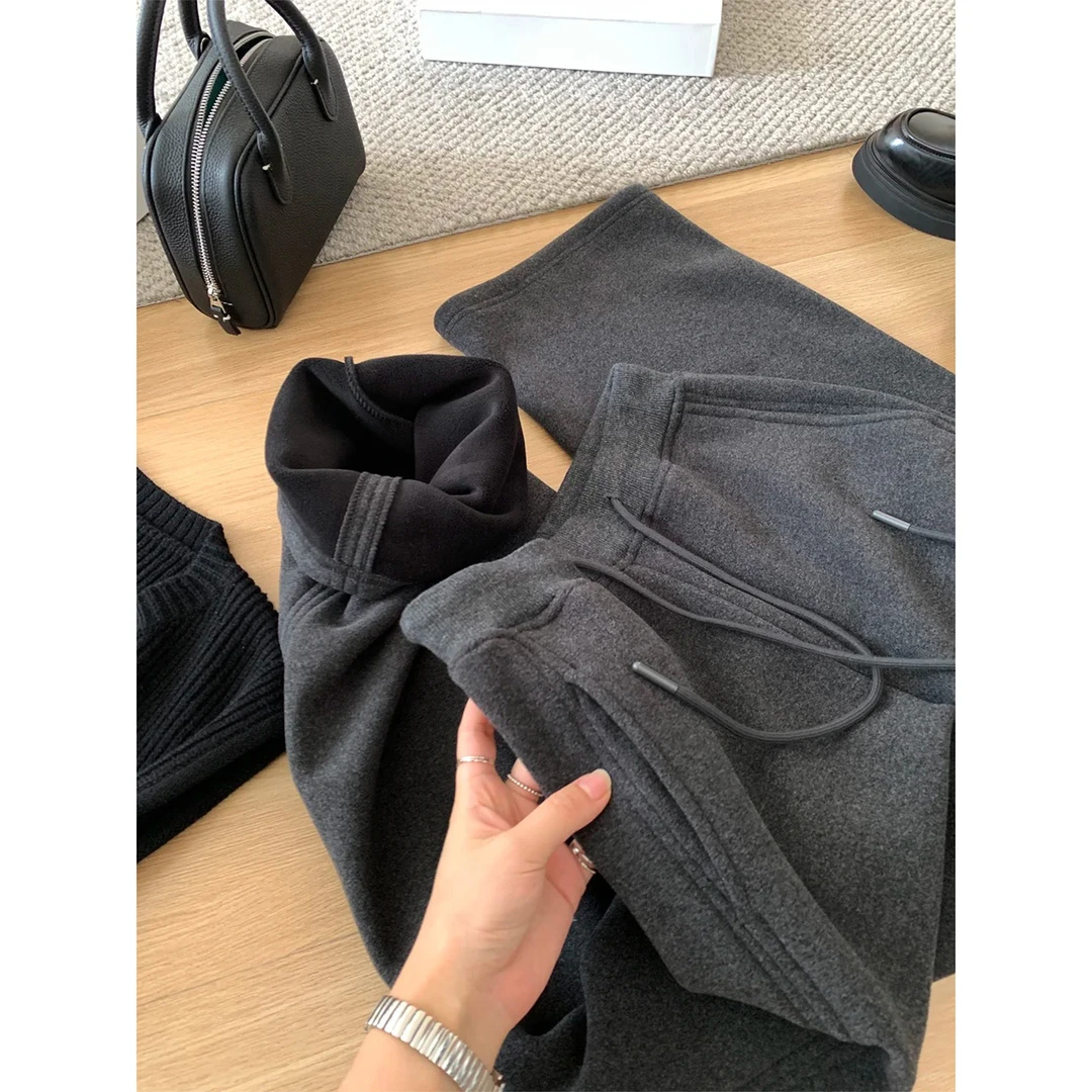 深灰色毛呢直筒休闲裤女秋冬加绒大码胖mm小个子慵懒风宽松阔腿裤