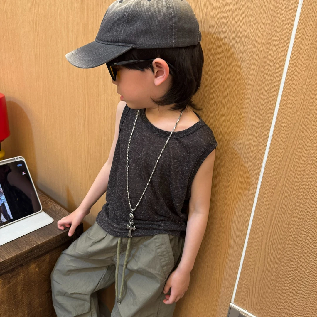现令佳潮牌夏季坎肩百搭纯色无袖灰背心薄款中大童宝宝儿童2607