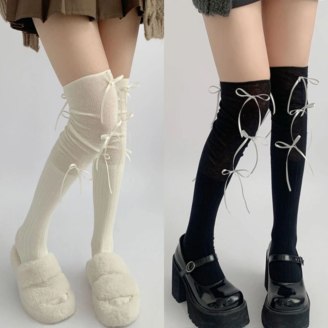 ins白色长筒袜女春秋薄款拼接蝴蝶结灰色堆堆袜子洛丽塔过膝袜